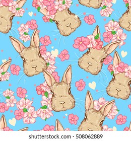 vector illustration cute bunny seamless, rabbits, bunny and flowers illustration pattern