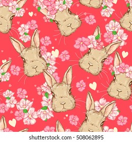 vector illustration cute bunny seamless, rabbits, bunny and flowers illustration pattern