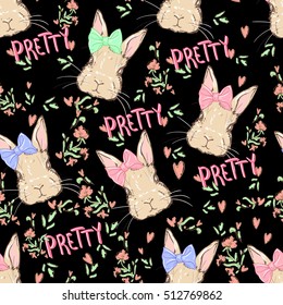 vector illustration cute bunny seamless, rabbits, bunny and flowers illustration pattern