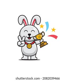 vector illustration of a cute bunny shape with a championship trophy and medals.
