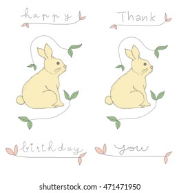 vector illustration - Cute bunny sitting with simple vine border. set of happy birthday card and thank you card. 