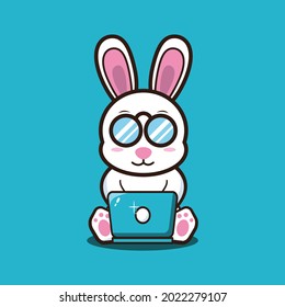 vector illustration of cute bunny studying in front of the laptop