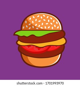 Vector illustration of cute burger Fast food in cartoon style in brown, red and yellow colours isolated on purple background