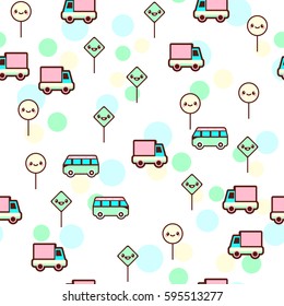 Vector illustration of the cute bus, car with the funny faces seamless pattern. Trendy Kawaii emoticons for print on t-shirt, one piece body gift for kids.