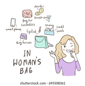 Vector illustration cute businesswoman happy to show things in her bag.Doodle cartoon style.