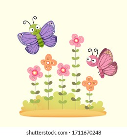 Vector illustration of the cute butterflies flying over the flowers garden.