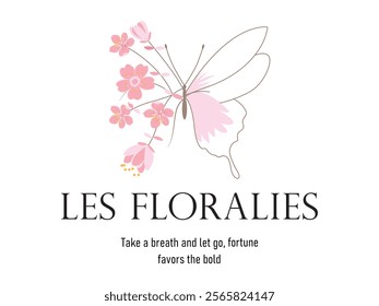 Vector illustration, cute butterfly silhouette surrounded by beautiful flowers. Design for printing on shirt, poster, banner. Lovely print for t-shirt