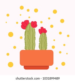 Vector illustration of cute cactus in cartoon style with geometrical elements. Can be used as print, background, sticker or on mug, card and invitation.