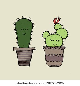 vector illustration of a cute cactus couple, smiling in a flower pots, on a natural background, drawn by hand, coloured in green