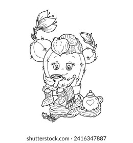 Vector illustration of a cute cactus with a cup and a scarf in handdraw doodle style