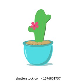 Vector illustration, cute cactus with flower in blue pot