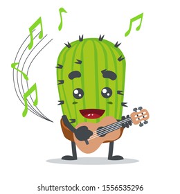 vector illustration of cute cactus mascot or character, holding guitar in white background 