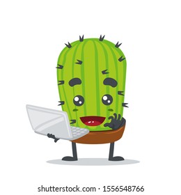 vector illustration of cute cactus mascot or character holding laptop, in white background 