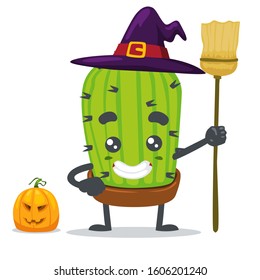 vector illustration of cute cactus mascot character wearing witch costume for halloween party