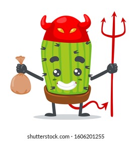 vector illustration of cute cactus mascot or character wearing devil costume for halloween party