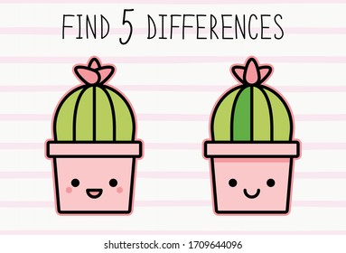 Vector illustration of a cute cactus in a pink pot. Educational game for children "find 5 differences"