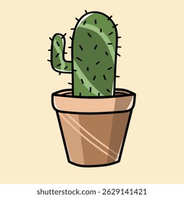 Vector illustration of a cute cactus plant in a decorative pot. Simple, minimalist, and perfect for botanical themes, home decor graphics, or eco-friendly design projects.

