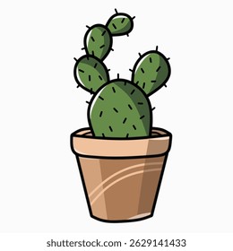 Vector illustration of a cute cactus plant in a decorative pot. Simple, minimalist, and perfect for botanical themes, home decor graphics, or eco-friendly design projects.

