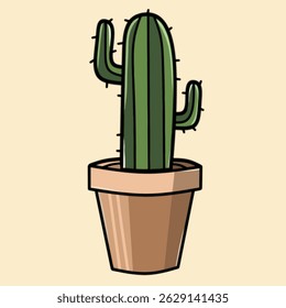 Vector illustration of a cute cactus plant in a decorative pot. Simple, minimalist, and perfect for botanical themes, home decor graphics, or eco-friendly design projects.


