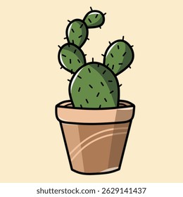Vector illustration of a cute cactus plant in a decorative pot. Simple, minimalist, and perfect for botanical themes, home decor graphics, or eco-friendly design projects.

