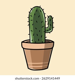 Vector illustration of a cute cactus plant in a decorative pot. Simple, minimalist, and perfect for botanical themes, home decor graphics, or eco-friendly design projects.

