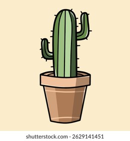 Vector illustration of a cute cactus plant in a decorative pot. Simple, minimalist, and perfect for botanical themes, home decor graphics, or eco-friendly design projects.

