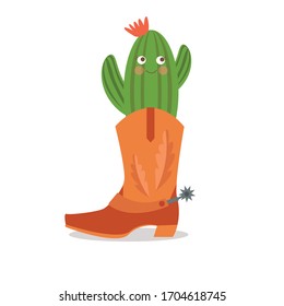 Vector illustration. Cute cactus planted in the cowboy boot.