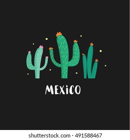 Vector illustration, cute cactus set on dark background. Design elements for banners, cards and advertising.