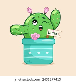 Vector illustration of a cute cactus that wakes up and stretches, character, for sticker, for kids, printable