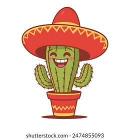 Ilustración vectorial de un lindo cactus con un vibrante sombrero rojo