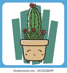 vector illustration of cute cactus with white background, cactus flat icon, sitting cactus plant