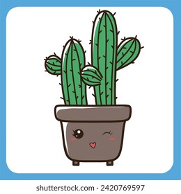 vector illustration of cute cactus with white background, cactus flat icon, sitting cactus plant