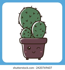 vector illustration of cute cactus with white background, cactus flat icon, sitting cactus plant
