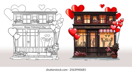 Ilustración vectorial linda cafetería feliz día de San Valentín. Ilustración vectorial