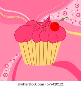 Vector illustration of cute cake. Pink cake, red cherry and colorful background.