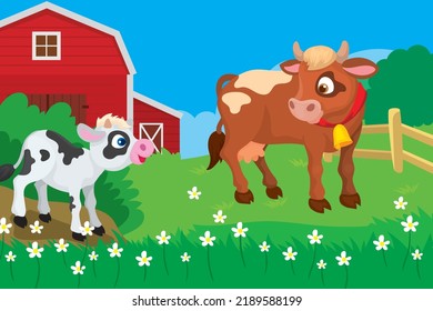 Vector illustration of cute calf mooing to mother cow near the farm