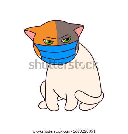 Vector illustration of a cute calico cartoon cat wearing blue medical face mask. Isolated on white background. Concept for children print, stickers.