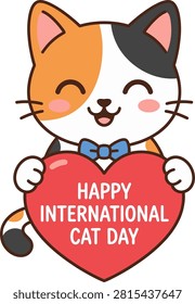 Vector illustration of a cute calico cat holding a heart for Happy International Cat Day, isolated on white background