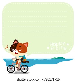 Vector illustration of cute calico cat character riding a bicycle with some space for place your text, message board, invitation card.