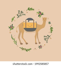 The vector illustration of a cute camel with a chest on a hump. Funny oriental animal and floral frame on beige background.