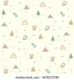 Vector illustration of a cute camping and outdoor. Collection of decorative mountain, tent, compass, knife, bonfire, fire, lamp, forest, direction, hiking elements. Isolated on beige. 