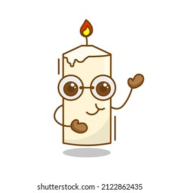 ilustración vectorial de la tierna caricatura de velas con grandes gafas ondeando su mano