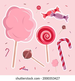 Vector illustration of cute candy on the pink background. Sweet candies. Stripes candy. Pink cotton candy. Strawberry flavor of candy. Chocolate lollipop.