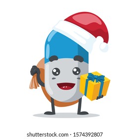 vector illustration of cute capsule mascot wearing santa hat on white background