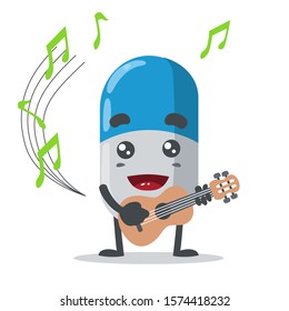 vector illustration of cute capsule mascot playing guitar on white background
