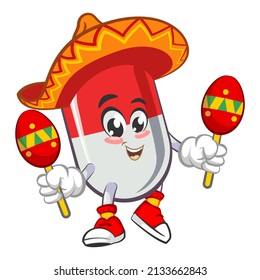 vector illustration of cute capsule mascot wearing sombrero with playing maracas on white background