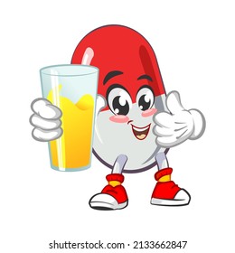 Vektorgrafik von süßem Kapselmaskott mit einem Glas frischem Saft auf weißem Hintergrund