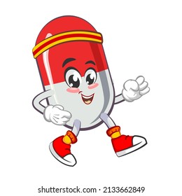 vector illustration of cute capsule mascot jogging on white background