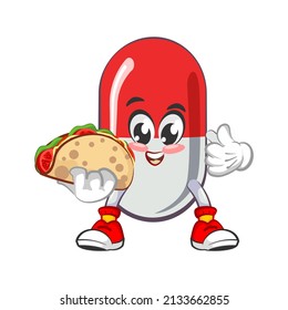 vector illustration of cute capsule mascot eat taco on white background
