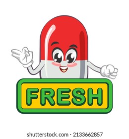 vector illustration of cute capsule mascot with sign board says fresh on white background